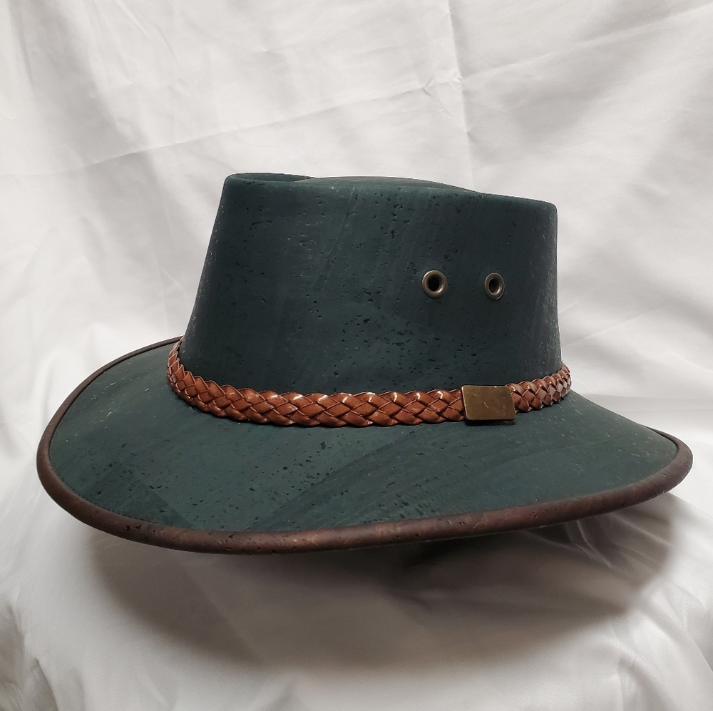 Artelusa full brim cork hat.  Green in color with brown trim and braided band